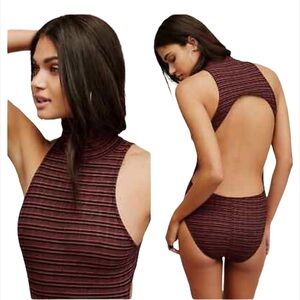 NWT Intimately Free People Striped Red Turtleneck Bodysuit Y2K Open back Knit